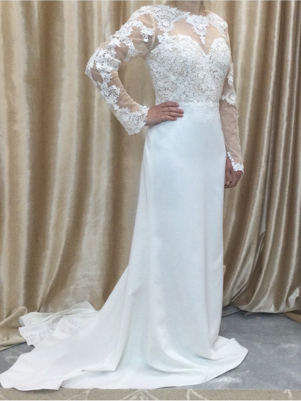 JJs House Ivory Dress with Nude Illusion Lace Sleeves